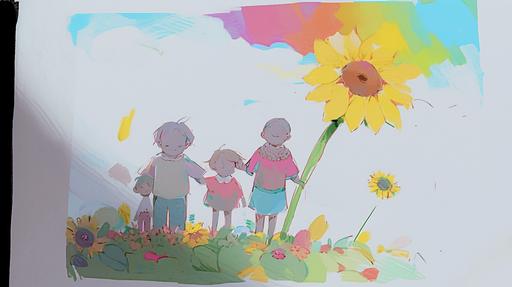 A children's painting, three people, pink sunflowers, rainbow --s 750 --ar 16:9 --niji 5 --style expressive