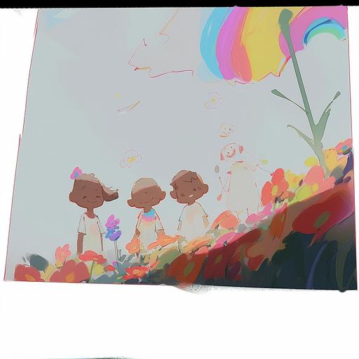 A children's painting, three people, pink sunflowers, rainbow --s 750 --niji 5 --style expressive