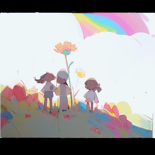A children's painting, three people, pink sunflowers, rainbow --s 750 --niji 5 --style expressive