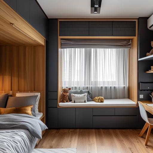 A child's room in shades of very dark graphite gray, a shade of white and oak The room has a bed and a half next to a window on the dream a white curtain On the wall opposite the bed is a carpentry unit that includes a cabinet in a very dark graphite gray shade, from which comes out a writing unit in an oak shade Oak floor