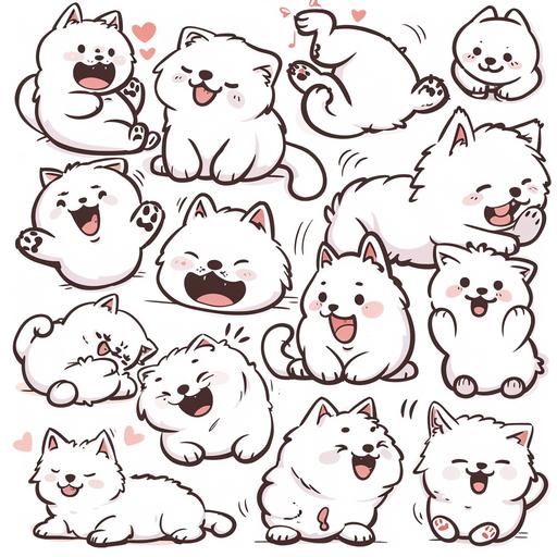 A chubby and greedy Samoyed dog and a lazy and charming kitten, with various postures and expressions, emoticons and stickers, happy, quarreling, cute, lazy, charming, hugging, kissing, each group of 48, Yue Xiaofei style, bold comic lines, close-up to enhance intensity, embroidery, white background，--ar 21:32 --v 6.0