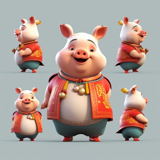 A chubby character cartoon IP image with a pig as the element, with three views of human super and hand, Beautiful traditional Chinese clothing, 3D three-dimensional, made of clay material, in the same style as Dish, Three views of classic color matching, rich details, China cyberpunk, solid color back ticket, pig front view, Pig side view garden, pig rear view garden, octane rendering, 3D cleaning, OC rendering, 32K UHD ultra high bay, Cute character with blue, yellow, and red hues, happy and beautiful, standing upright, all three views are the same character, front, side, back, and back --q 2 --v 5.1 --s 750