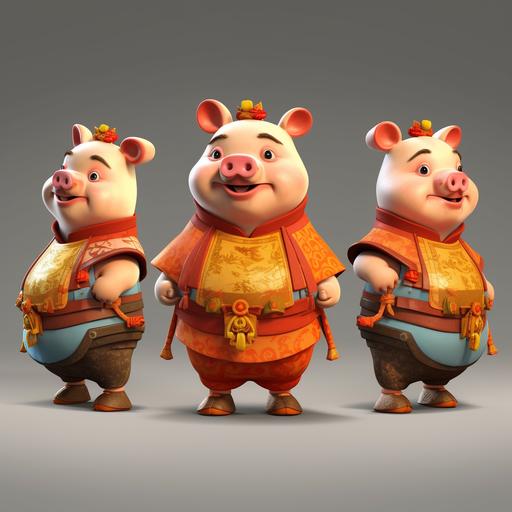 A chubby character cartoon IP image with a pig as the element, with three views of human super and hand, Beautiful traditional Chinese clothing, 3D three-dimensional, made of clay material, in the same style as Dish, Three views of classic color matching, rich details, China cyberpunk, solid color back ticket, pig front view, Pig side view garden, pig rear view garden, octane rendering, 3D cleaning, OC rendering, 32K UHD ultra high bay, Cute character with blue, yellow, and red hues, happy and beautiful, standing upright, all three views are the same character, front, side, back, and back --q 2 --v 5.1 --s 750
