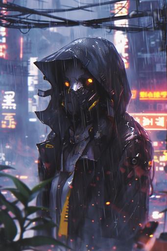 A cinematic film still detail of a glossy cyborg in the rain in a cyberpunk city with neon signs, reflective sheen, moody dark and vibrant, clean lines, sci-fi film still --ar 2:3 --s 222 --niji 6