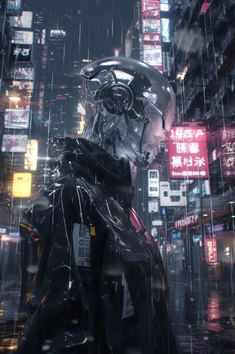 A cinematic film still detail of a glossy cyborg in the rain in a cyberpunk city with neon signs, reflective sheen, moody dark and vibrant, clean lines, sci-fi film close-up portrait photography --ar 2:3 --s 222 --niji 6 --style raw