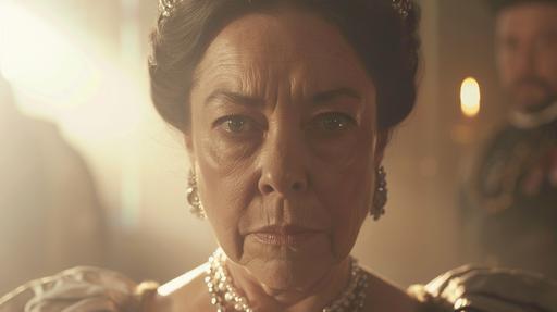 A cinematic scene from 1891, historical drama, the crown, closeup shot, Olivia Coleman as queen Victoria, dressed in era costume, staring directly at camera, stern face, beam of light shining directly onto her face, emotional lighting --ar 16:9 --v 6.0