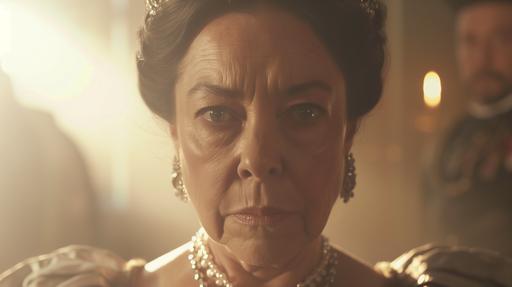 A cinematic scene from 1891, historical drama, the crown, closeup shot, Olivia Coleman as queen Victoria, dressed in era costume, staring directly at camera, stern face, beam of light shining directly onto her face, emotional lighting --ar 16:9 --v 6.0