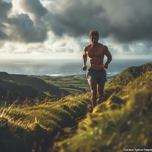 A cinematic shot of a fit male with no t-shirt running up a steep British hill, lots of natural light, with dark clouds overhead, part of a fictional fitness regime called 