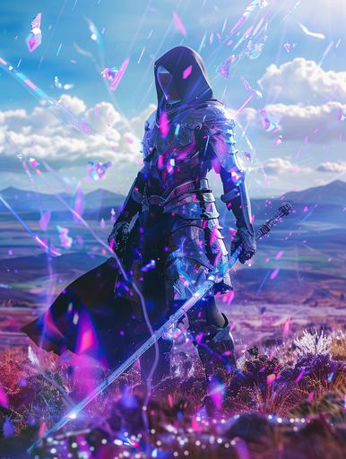 A cinematic shot of an alien warrior Magus with black hood and longsword, standing in the middle of a field surrounded by mountains, in purple, blue and white colors, wearing futuristic style armor, with dramatic lighting, crystal fractals hanging in the air , like a movie scene, in the style of Denis Villeneuve, with motion blur and motion effects --ar 3:4 --v 6.0