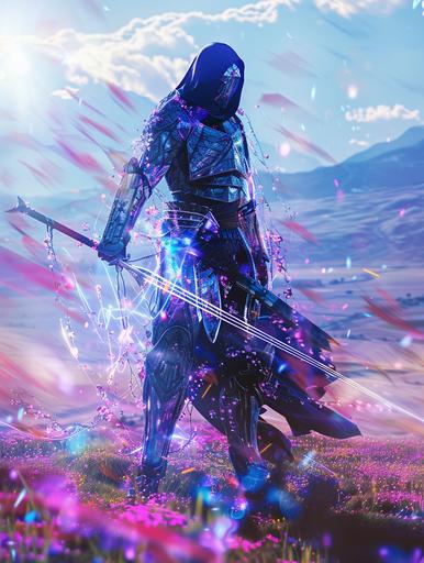 A cinematic shot of an alien warrior Magus with black hood and longsword, standing in the middle of a field surrounded by mountains, in purple, blue and white colors, wearing futuristic style armor, with dramatic lighting, crystal fractals hanging in the air , like a movie scene, in the style of Denis Villeneuve, with motion blur and motion effects --ar 3:4 --v 6.0