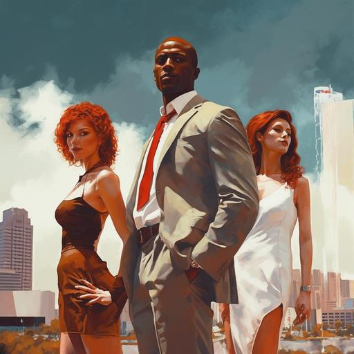A cinematic shot, sleek, realistic, Rule of thirds, bill sienkiewicz art , hand painted picture of MACK, player A young African AMERICAN, Reggie Bush type well dressed with minimal jewelry in OFF WHITE blazer, PIMP tie, flanked at both sides by TWO very beautiful women. One red head and the other biracial. Downtown Tampa Florida skyline in the background. — v 5 — s 100 — 16: 19