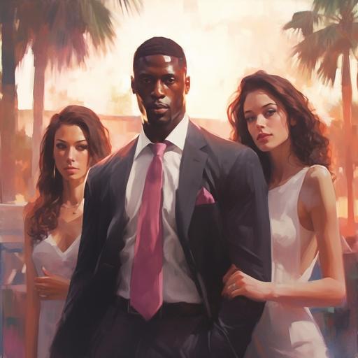 A cinematic shot, sleek, realistic, Rule of thirds, bill sienkiewicz art , hand painted picture of MACK, player A young African AMERICAN, Reggie Bush type well dressed with SOME jewelry in DARK PINK blazer, white tie, flanked at both sides by TWO very beautiful young pale, brunette women women. Tampa Florida in the background. — v 5 — s 100 — 16: 19