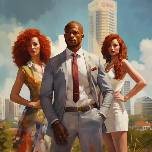 A cinematic shot, sleek, realistic, Rule of thirds, bill sienkiewicz art , hand painted picture of MACK, player A young African AMERICAN, Reggie Bush type well dressed with minimal jewelry in OFF WHITE blazer, PIMP tie, flanked at both sides by TWO very beautiful women. One red head and the other biracial. Downtown Tampa Florida skyline in the background. — v 5 — s 100 — 16: 19