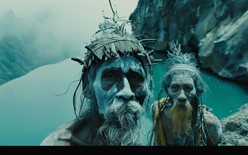 A cinematic still of a movie, close up of the souls of the Kelimutu::2 Lakes, the souls of the deceased wander through the Kelimutu Lakes, two men holding up a crystal ball against a yellow background, one man has long black hair and is wearing the iconic costume , the other guy has a gray beard braided into three pigtails and blue eyes with no makeup, shot on an Arri Alexa cinema camera. --ar 8:5 --v 6.0
