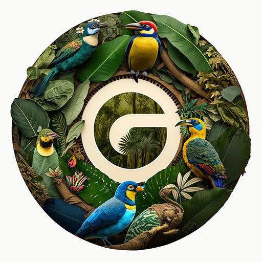 A circular Instagram logo about Colombia, with no text and transparent background, showcasing the biodiversity of the Amazon Rainforest. The logo displays a collage of lush green vegetation, colorful birds, and exotic animals such as jaguars and capybaras. The edges of the circle are adorned with indigenous patterns and symbols, representing the rich culture and history of Colombia. The logo is set against the backdrop of the Amazon Rainforest, where tall trees tower over everything else. The ground is covered with fallen leaves and branches, and the air is thick with humidity. Rays of sunlight penetrate through the dense foliage, casting a warm glow over everything. The mood of the scene is vibrant and alive, celebrating the beauty and diversity of Colombia's natural environment. The atmosphere is serene and peaceful, with the sounds of the rainforest in the background, including the chirping of birds and the rustling of leaves. Style: Digital Artwork. The logo is realized in a digital illustration style, using a mix of vector and raster graphics. The colors are bright and saturated, with intricate details and textures that capture the richness and complexity of the rainforest. --ar 1:1 --v 4