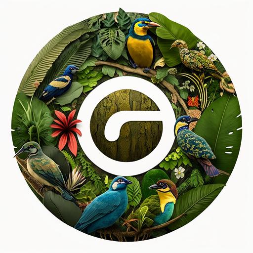 A circular Instagram logo about Colombia, with no text and transparent background, showcasing the biodiversity of the Amazon Rainforest. The logo displays a collage of lush green vegetation, colorful birds, and exotic animals such as jaguars and capybaras. The edges of the circle are adorned with indigenous patterns and symbols, representing the rich culture and history of Colombia. The logo is set against the backdrop of the Amazon Rainforest, where tall trees tower over everything else. The ground is covered with fallen leaves and branches, and the air is thick with humidity. Rays of sunlight penetrate through the dense foliage, casting a warm glow over everything. The mood of the scene is vibrant and alive, celebrating the beauty and diversity of Colombia's natural environment. The atmosphere is serene and peaceful, with the sounds of the rainforest in the background, including the chirping of birds and the rustling of leaves. Style: Digital Artwork. The logo is realized in a digital illustration style, using a mix of vector and raster graphics. The colors are bright and saturated, with intricate details and textures that capture the richness and complexity of the rainforest. --ar 1:1 --v 4