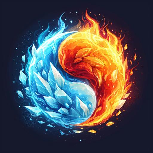 A circular hot vs cold logo featuring a yin-yang symbol where one side is composed of flames (representing hot) and the other side is made of ice crystals (representing cold). The style is flat, vector-based, with a minimalist approach reminiscent of Danish design. The colors are contrasting - vibrant oranges and reds for the fire, and cool blues and whites for the ice --s 350 --v 6.0