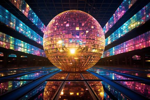 A citadel that looks like a giant disco ball, with mirrored walls that reflect the light in kaleidoscopic of colors --ar 3:2