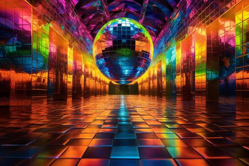 A citadel that looks like a giant disco ball, with mirrored walls that reflect the light in kaleidoscopic of colors --ar 3:2
