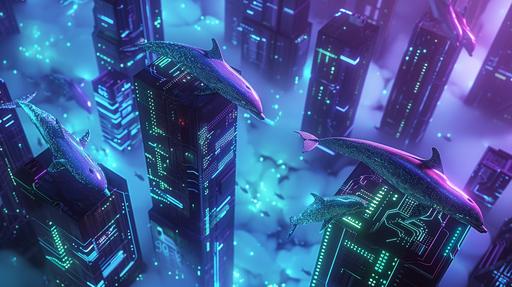 A city of tip tech noir. The buildings are large data storage centers. Robotic dolphins (from the mysql logo) with green PCB (motherboard) appearance. digital clouds. futuristic. high tech. Blue and purple color, 3d. --style raw --ar 16:9