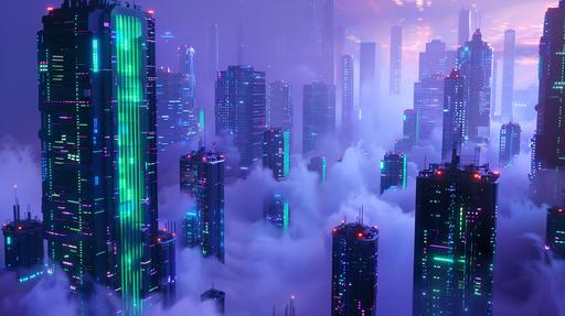 A city of tip tech noir. The buildings are large data storage centers. Robotic dolphins (from the mysql logo) with green PCB (motherboard) appearance. digital clouds. futuristic. high tech. Blue and purple color, 3d. --style raw --ar 16:9