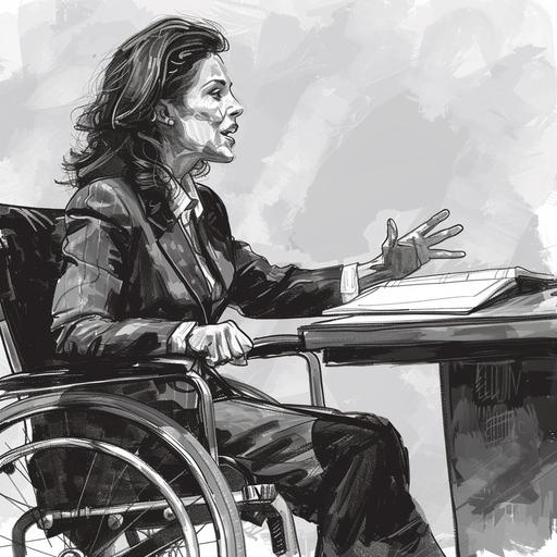 A civilian Jewish woman wearing a suit and sitting in a wheel chair at an office desk that has an open notebook, and she is explaining a concept using hand gestures with an animated face, side angle perspective, in the style of black and white and grey brush watercolor