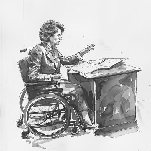 A civilian Jewish woman wearing a suit and sitting in a wheel chair at an office desk that has an open notebook, and she is explaining a concept using hand gestures with an animated face, side angle perspective, in the style of black and white and grey brush watercolor