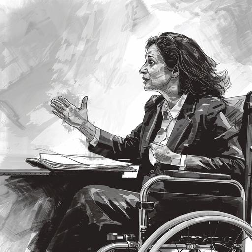 A civilian Jewish woman wearing a suit and sitting in a wheel chair at an office desk that has an open notebook, and she is explaining a concept using hand gestures with an animated face, side angle perspective, in the style of black and white and grey brush watercolor --v 6.0