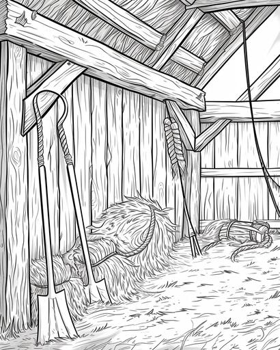 A classic farm scene with a hayloft, pitchforks leaning against the wall, and ropes hanging from the beams, coloring page, monochrome, black and white, thick lines, for adults --ar 4:5 --v 6.0