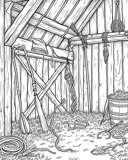 A classic farm scene with a hayloft, pitchforks leaning against the wall, and ropes hanging from the beams, coloring page, monochrome, black and white, thick lines, for adults --ar 4:5 --v 6.0