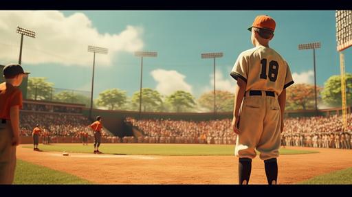 A classic little league baseball diamond scene with a 10 year old boy standing in the foreground, the pitcher has thrown a baseball towrads the plate at strike level, The crowd is dressed in Orange and black and is excited. Norman Rockwell style, 4k --ar 16:9