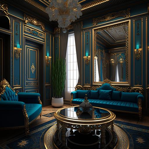 A classic men's majlis with blue sofas, golden and black wall engravings, a luxurious TV library, some vases and candles on glass tables with golden legs in the majlis, high-quality image, high, reflection, super detail, high resolution, high quality, 8k.