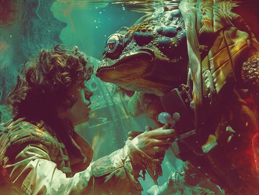 A classic, vintage-styled image in the style of a 1970s Doctor Who episode featuring Tom Baker as the Fourth Doctor. Capture a bright, artificially lit underwater scene with a top-down close-up of the Doctor offering a jelly baby to an amphibian alien in a plush suit. Include the Doctor's iconic scarf and Sarah Jane Smith in the background, with the TARDIS subtly visible. The scene should have a 'staticpunk' aesthetic with VHS/VCR static, aging effects, and TV scan lines to mimic the look of a fuzzy transfer copy from the era. Ensure that these effects influence both the lighting and visual quality, adding to the authenticity of the 1970s television experience. --ar 4:3 --style raw --v 6.0