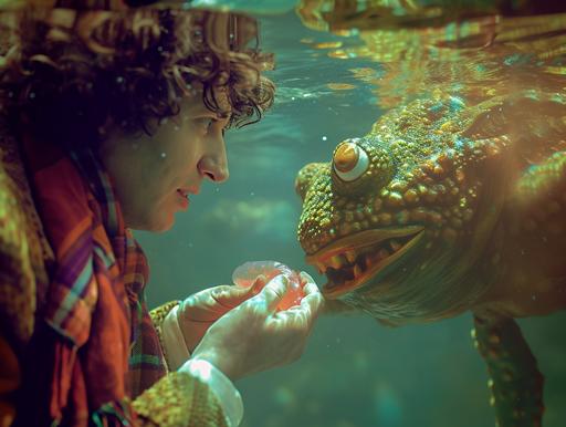 A classic, vintage-styled image in the style of a 1970s Doctor Who episode featuring Tom Baker as the Fourth Doctor. Capture a bright, artificially lit underwater scene with a top-down close-up of the Doctor offering a jelly baby to an amphibian alien in a plush suit. Include the Doctor's iconic scarf and Sarah Jane Smith in the background, with the TARDIS subtly visible. The scene should have a 'staticpunk' aesthetic with VHS/VCR static, aging effects, and TV scan lines to mimic the look of a fuzzy transfer copy from the era. Ensure that these effects influence both the lighting and visual quality, adding to the authenticity of the 1970s television experience. --ar 4:3 --v 6.0 --style raw