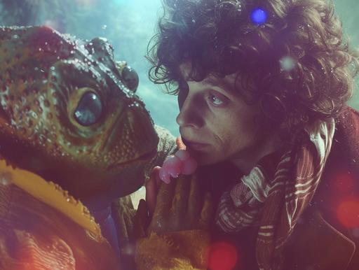 A classic, vintage-styled image in the style of a 1970s Doctor Who episode featuring Tom Baker as the Fourth Doctor. Capture a bright, artificially lit underwater scene with a top-down close-up of the Doctor offering a jelly baby to an amphibian alien in a plush suit. Include the Doctor's iconic scarf and Sarah Jane Smith in the background, with the TARDIS subtly visible. The scene should have a 'staticpunk' aesthetic with VHS/VCR static, aging effects, and TV scan lines to mimic the look of a fuzzy transfer copy from the era. Ensure that these effects influence both the lighting and visual quality, adding to the authenticity of the 1970s television experience. --ar 4:3 --v 6.0 --style raw