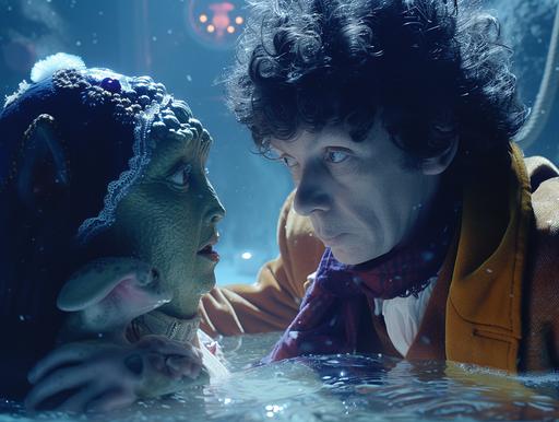 A classic, vintage-styled image in the style of a 1970s Doctor Who episode featuring Tom Baker as the Fourth Doctor. Capture a bright, artificially lit underwater scene with a top-down close-up of the Doctor offering a jelly baby to an amphibian alien in a plush suit. Include the Doctor's iconic scarf and Sarah Jane Smith in the background, with the TARDIS subtly visible. The scene should have a 'staticpunk' aesthetic with VHS/VCR static, aging effects, and TV scan lines to mimic the look of a fuzzy transfer copy from the era. Ensure that these effects influence both the lighting and visual quality, adding to the authenticity of the 1970s television experience. --ar 4:3 --style raw --v 6.0