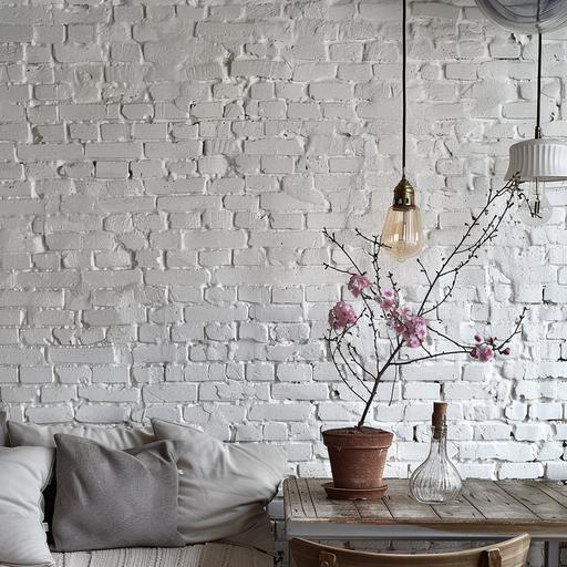 A clean white brick wall in modern cool shabby chic apartment, ar-9:16