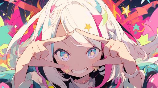 A close-up of a girl's face. Smiling. Pointing her index finger towards her head. An adventurer. Rabbit ears. Fish swimming in a colorful universe. Full of colorful stars. Like Alice in Wonderland. Anime-style coloring.plain background --ar 16:9 --q 0.5 --niji 5 --niji 5