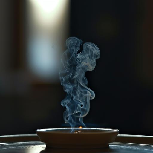 A close-up of a glowing cigarette in an ashtray, the smoke forming the delicate silhouette of an embracing couple, its gray wisps contrasting with the black background --v 6.0 --s 250