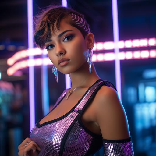 A close-up of an 18-year-old Colombian girl, with short hair, a pole dance and hip hop dancer, very beautiful with a light brown complexion. She is in a bar filled with LED lights, dressed very attractively. The setting is futuristic, cinematic, hyperrealistic, with a dark design, in 4k.