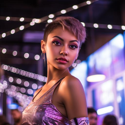 A close-up of an 18-year-old Colombian girl, with short hair, a pole dance and hip hop dancer, very beautiful with a light brown complexion. She is in a bar filled with LED lights, dressed very attractively. The setting is futuristic, cinematic, hyperrealistic, with a dark design, in 4k.