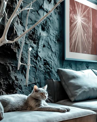 A close up portrait of a silver cat lays on a grey sofa, living room has modern minimalistic aesthetics, thick obsidian wall blends in with the dark monochrome furnitures. in contrast the aesthetic of the room a Photonegative Refractograph painting hangs on the cement-like wall. Depth of field --no brown led blue green --s 75 --w 5 --style raw --ar 4:5 --v 6.0