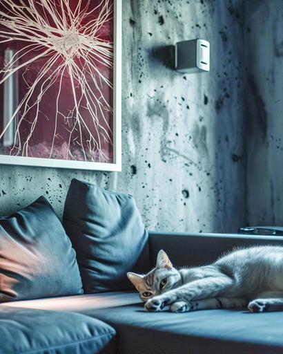 A close up portrait of a silver cat lays on a grey sofa, living room has modern minimalistic aesthetics, thick obsidian wall blends in with the dark monochrome furnitures. in contrast the aesthetic of the room a Photonegative Refractograph painting hangs on the cement-like wall. Depth of field --no brown led blue green --s 75 --w 5 --style raw --ar 4:5 --v 6.0