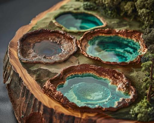 A close-up view of a handcrafted diorama of Kelimutu, displayed on a polished dark wood base. Each of Kelimutu's distinct colored lakes is replicated with high fidelity, using materials that mimic the reflective properties of water. The surrounding landscape features miniature flora and volcanic textures. The diorama is set against a matte dark gray background, providing a contemporary look that accentuates the colors and details of the miniature world. Close-up photography, macro detail, wooden base, matte background, digital painting, color accuracy, texture emphasis, hd quality, natural look --ar 5:4 --v 6.0