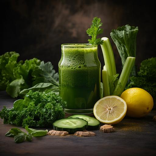 A closeup marketing photo of green juice photography, foodstagram. -1 cucumber -3 stalks celery -3 leaves kale -1 cup spinach, baby leaves -1 piece fresh ginger -2 tablespoons lime juice -2 apples, cored and sliced. Marketing promo. High contrast, depth of field, F/ 2. 8, cinematic lighting, extremely high resolution photo, 8k, super detailed. Sharpened image. Upscaled. Real life photo