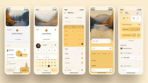 A collection of app pages for iphone, presenting a calendar for organizing teams, environmental design project, slack interface, dates highlight, profile icons, job openings, cream, yellow & gold interface colorways --ar 16:9