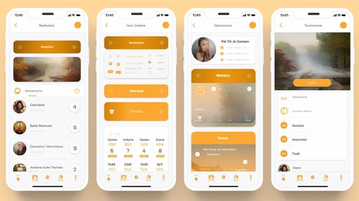 A collection of app pages presenting a team calendar for organizing construction of an environmental design project, calendar, dates highlight, profile icons, job opening, iphone, orange, cream & gold interface colorways, --ar 16:9
