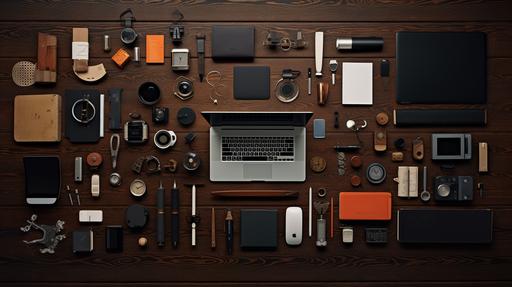 A collection of neatly arranged office stuff from above, on a dark wooden desk. --ar 16:9
