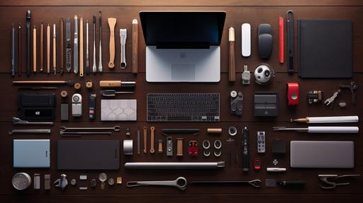 A collection of neatly arranged office tools from above, on a dark wooden desk. --ar 16:9