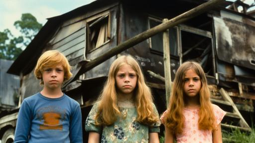 A color photo in 1971 meanest kids in the world three skinny strawberry blond boys ages 15, 11, 8 and two skinny strawberry blond girls aged 13, 5, standing in front of an old broken down house. Detailed, in martin scorsese style, cinematic, hyperrealistic, high resolution, clear facial features, 80mm lens, --v 5 --s 750 --ar 16:9